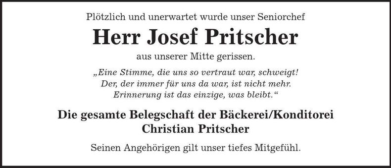 Traueranzeige Josef Pritscher