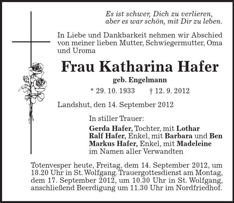 Traueranzeige Katharina Hafer