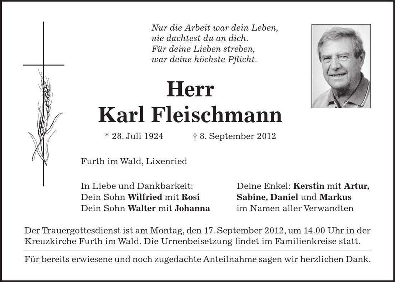 Traueranzeige Karl Fleischmann