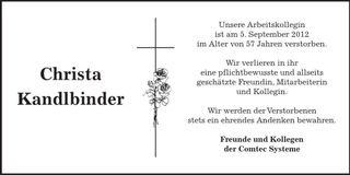 Traueranzeige Christa Kandlbinder