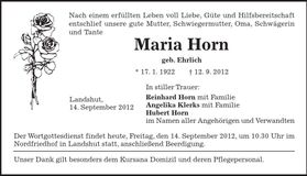 Traueranzeige Maria Horn