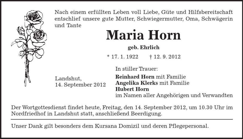 Traueranzeige Maria Horn