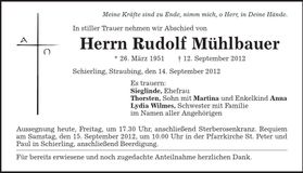 Traueranzeige Rudolf Mühlbauer