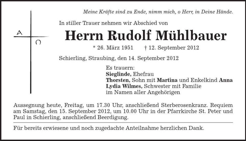 Traueranzeige Rudolf Mühlbauer