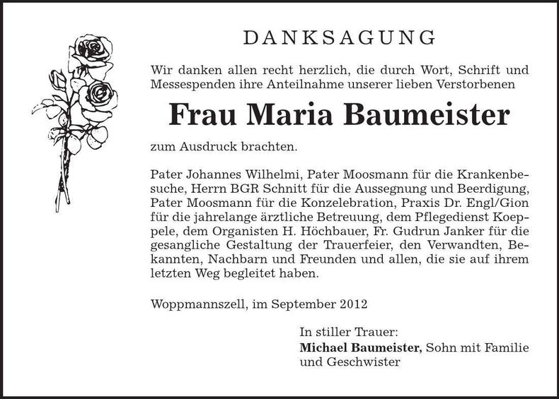 Traueranzeige Maria Baumeister