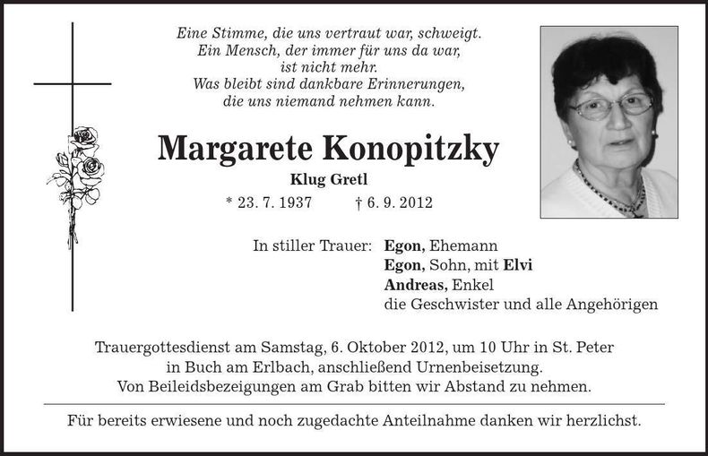 Traueranzeige Margarete Konopitzky