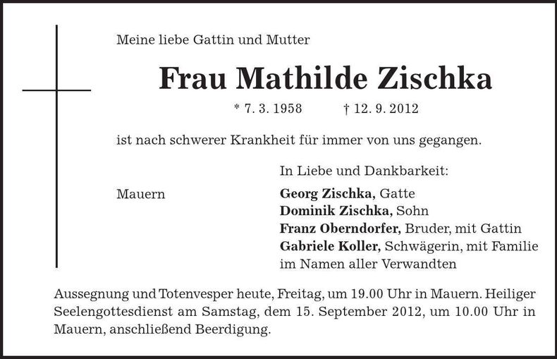 Traueranzeige Mathilde Zischka