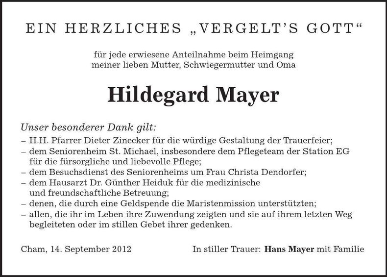 Traueranzeige Hildegard Mayer