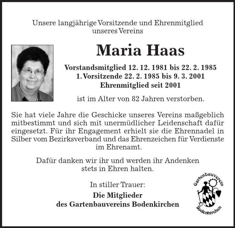 Traueranzeige Maria Haas