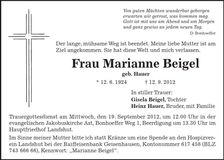 Traueranzeige Marianne Beigel