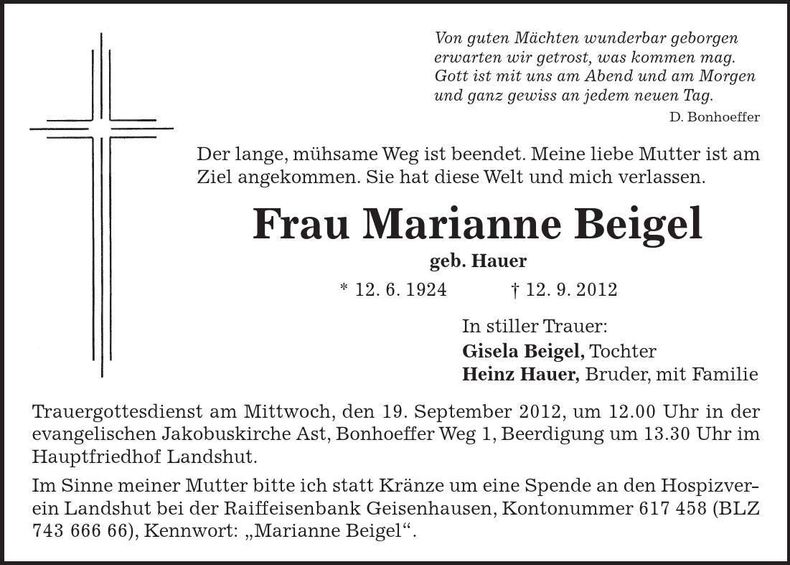Traueranzeige Marianne Beigel