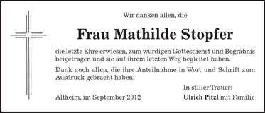 Traueranzeige Mathilde Stopfer
