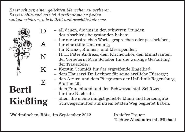 Traueranzeige Bertl Kießling