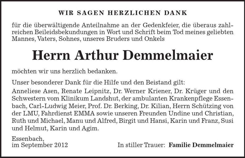 Traueranzeige Arthur Demmelmaier