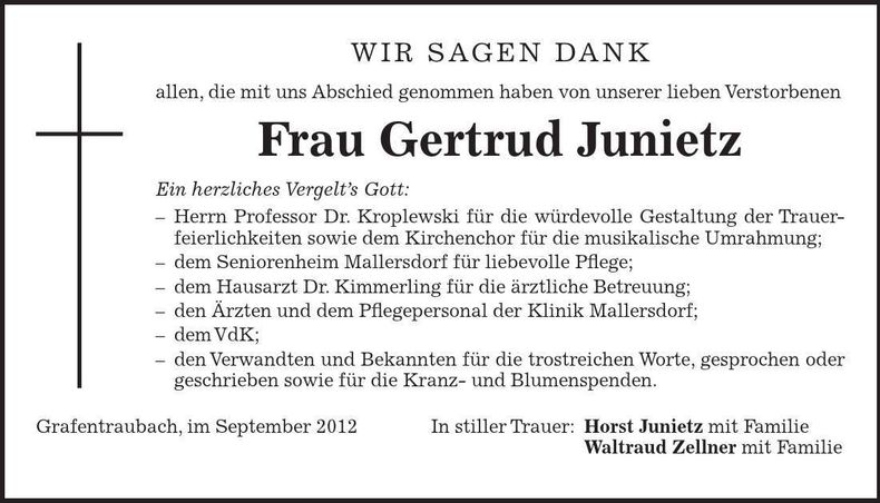 Traueranzeige Gertrud Junietz