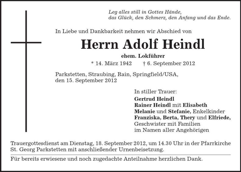 Traueranzeige Adolf Heindl