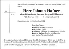 Traueranzeige Johann Hafner