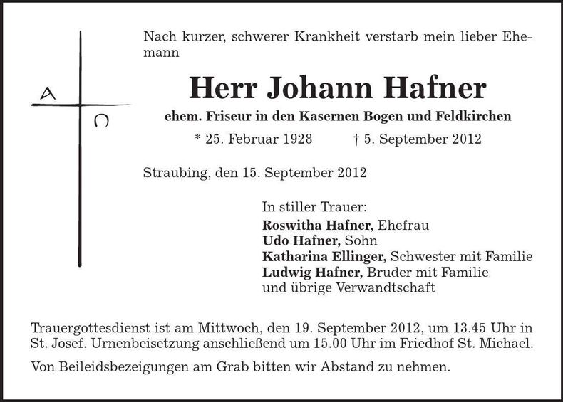 Traueranzeige Johann Hafner