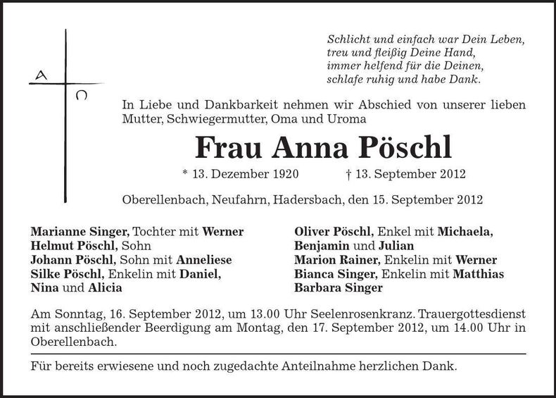 Traueranzeige Anna Pöschl