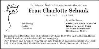 Traueranzeige Charlotte Schunk