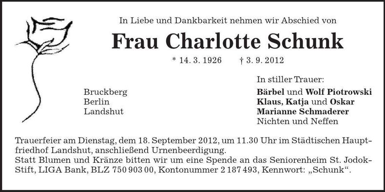Traueranzeige Charlotte Schunk