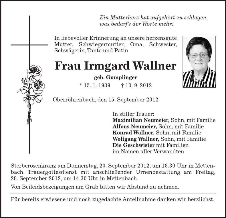Traueranzeige Irmgard Wallner