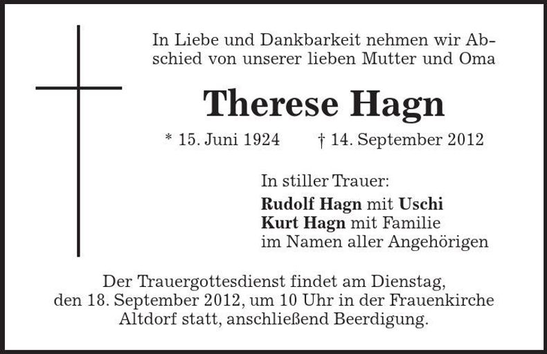 Traueranzeige Therese Hagn