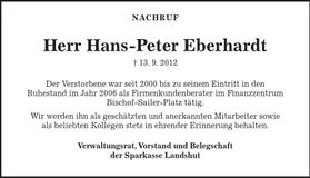 Traueranzeige Hans-Peter Eberhardt