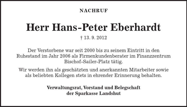 Traueranzeige Hans-Peter Eberhardt