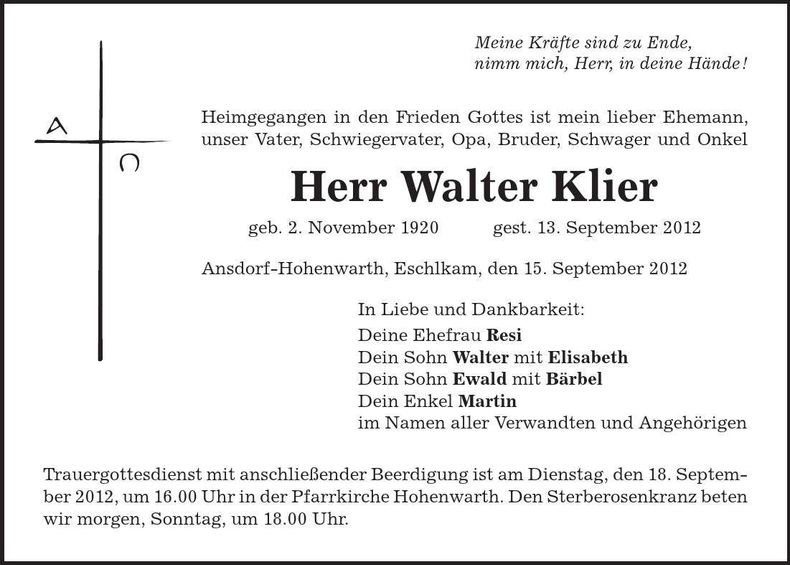 Traueranzeige Walter Klier