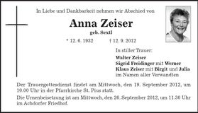 Traueranzeige Anna Zeiser
