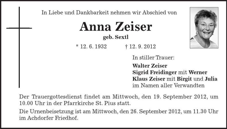 Traueranzeige Anna Zeiser