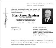 Traueranzeige Anton Sandner