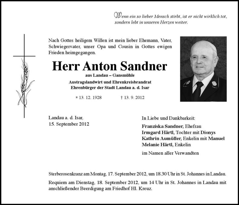 Traueranzeige Anton Sandner
