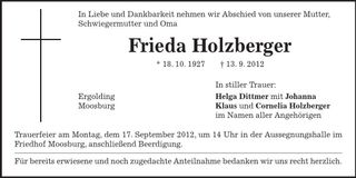 Traueranzeige Frieda Holzberger