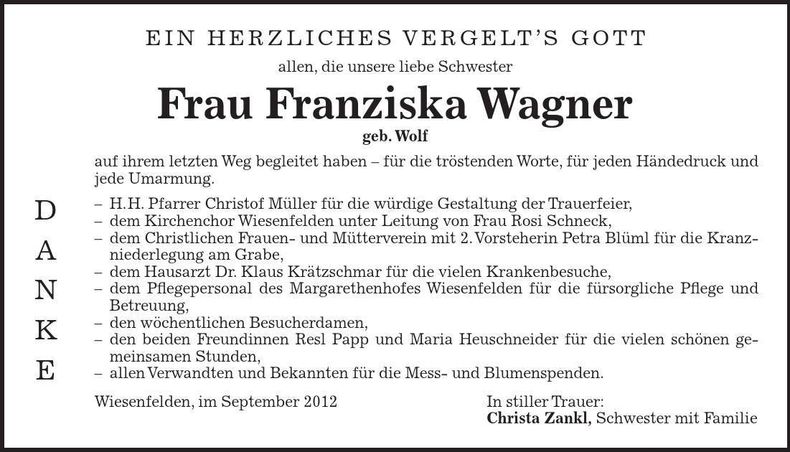 Traueranzeige Franziska Wagner
