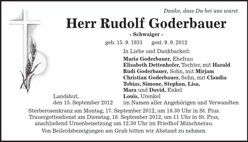 Traueranzeige Rudolf Goderbauer