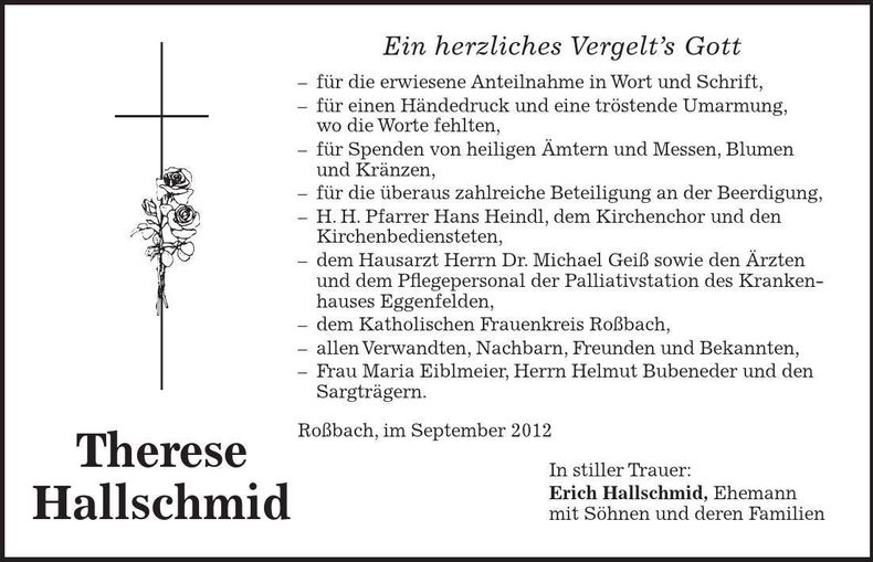 Traueranzeige Therese Hallschmid