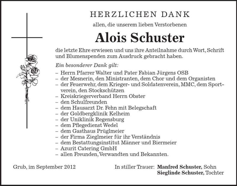 Traueranzeige Alois Schuster