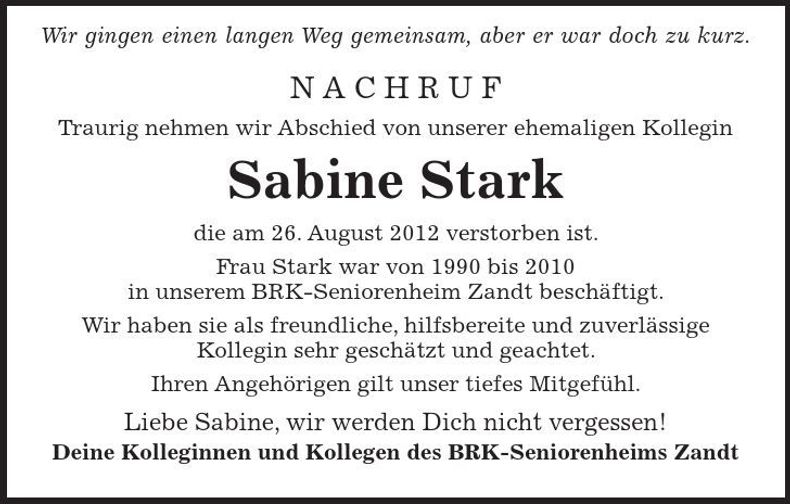 Traueranzeige Sabine Stark