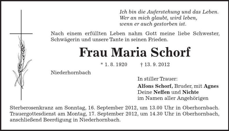 Traueranzeige Maria Schorf