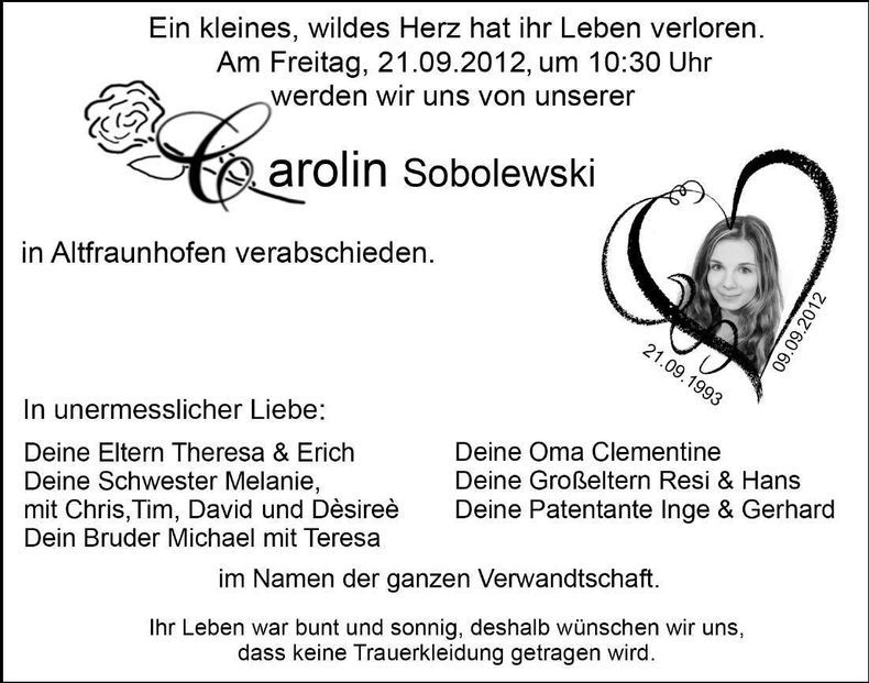 Traueranzeige Carolin Sobolewski
