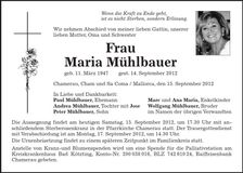 Traueranzeige Maria Mühlbauer