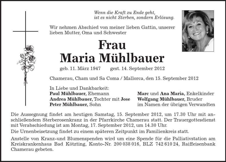 Traueranzeige Maria Mühlbauer