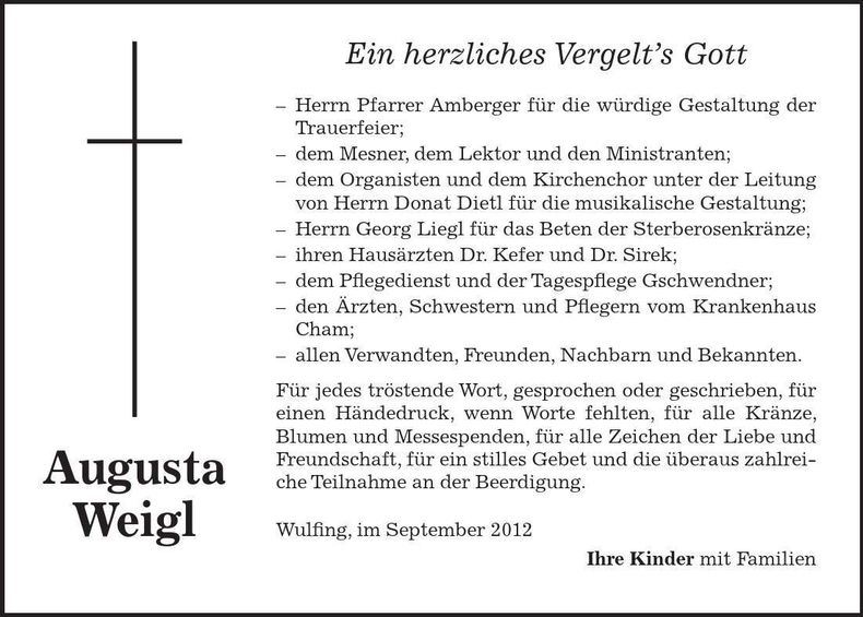 Traueranzeige Augusta Weigl