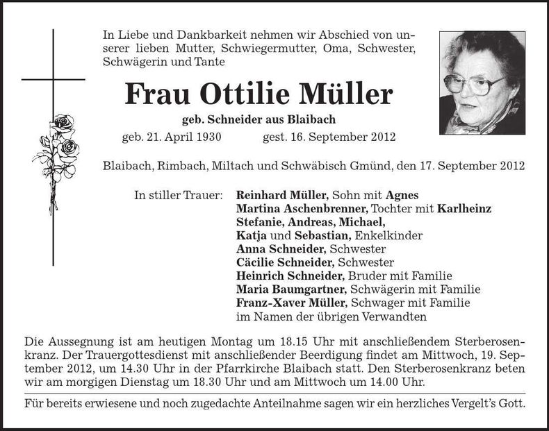 Traueranzeige Ottilie Müller