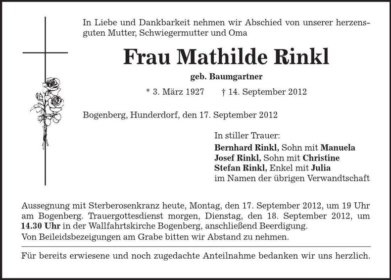Traueranzeige Mathilde Rinkl