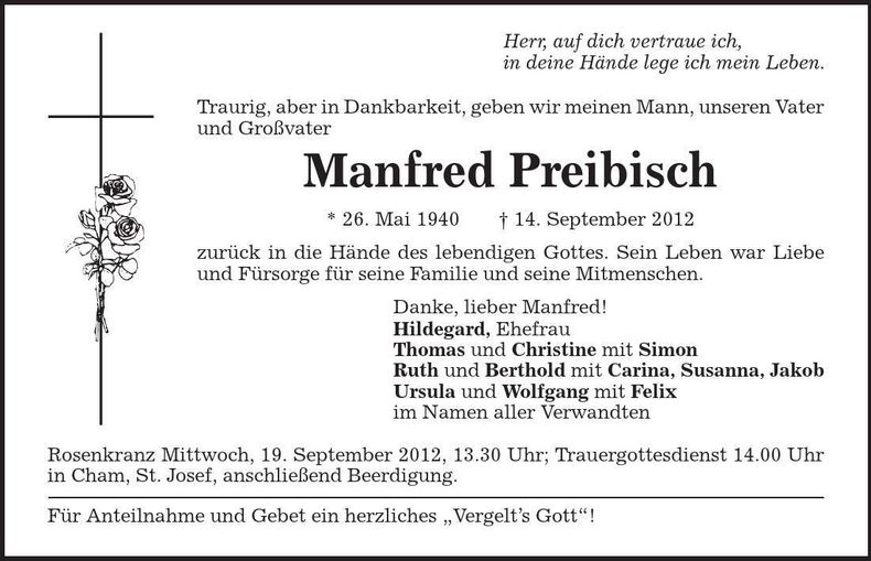 Traueranzeige Manfred Preibisch