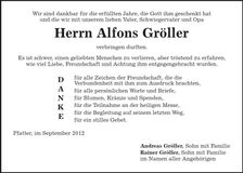 Traueranzeige Alfons Gröller