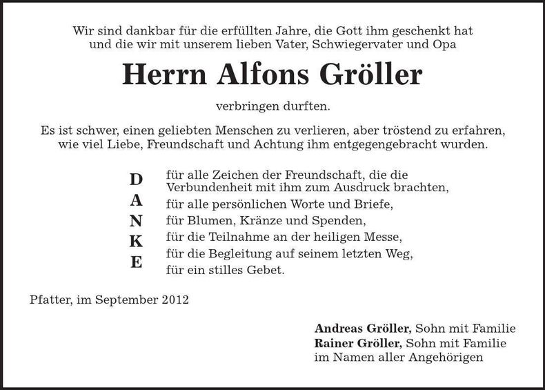 Traueranzeige Alfons Gröller